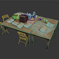 Vintage Wooden Table Setup With Table Lamp Books Map Camera And Chairs