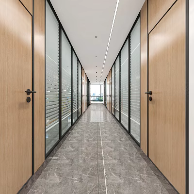 Modern Office Corridor With Long Narrow Design Wooden Doors Glass Partitions And Gray Marble Flooring 3d model