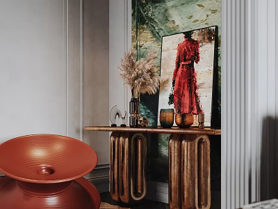Stylish Entryway With Wooden Console Table Decorative Vases And Red Artwork 3d model