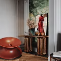 Stylish Entryway With Wooden Console Table Decorative Vases And Red Artwork