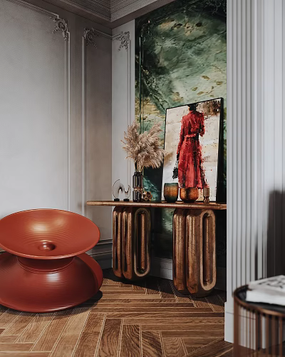 Stylish Entryway With Wooden Console Table Decorative Vases And Red Artwork 3d model