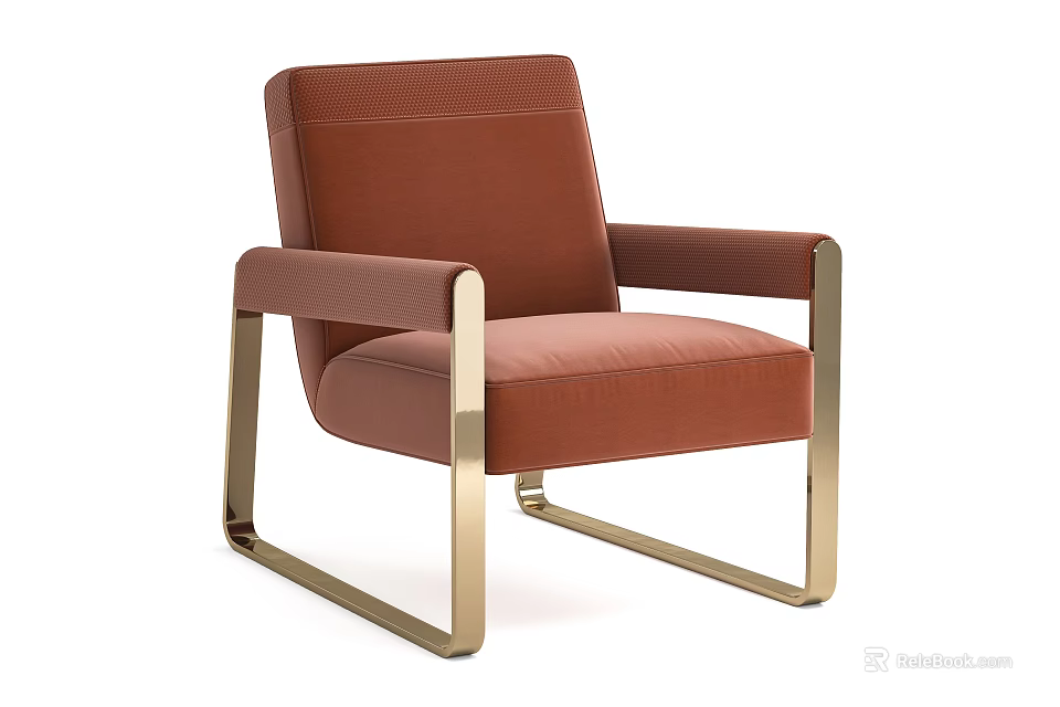 Brown Upholstered Accent Chair With Brass Metal Frame And Modern Stylish Design 3d model 