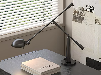 Black Adjustable Arm Desk Lamp With Metal Base On Dark Study Table By Window Blinds 3d model