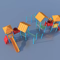 Colorful Playground Equipment Featuring Yellow Roofs Slides Red Structures And Blue Frames 3d model