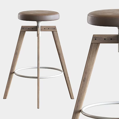 Modern Minimalist Bar Stools With Wooden Legs Leather Seat And Metal Footrest Design 3d model