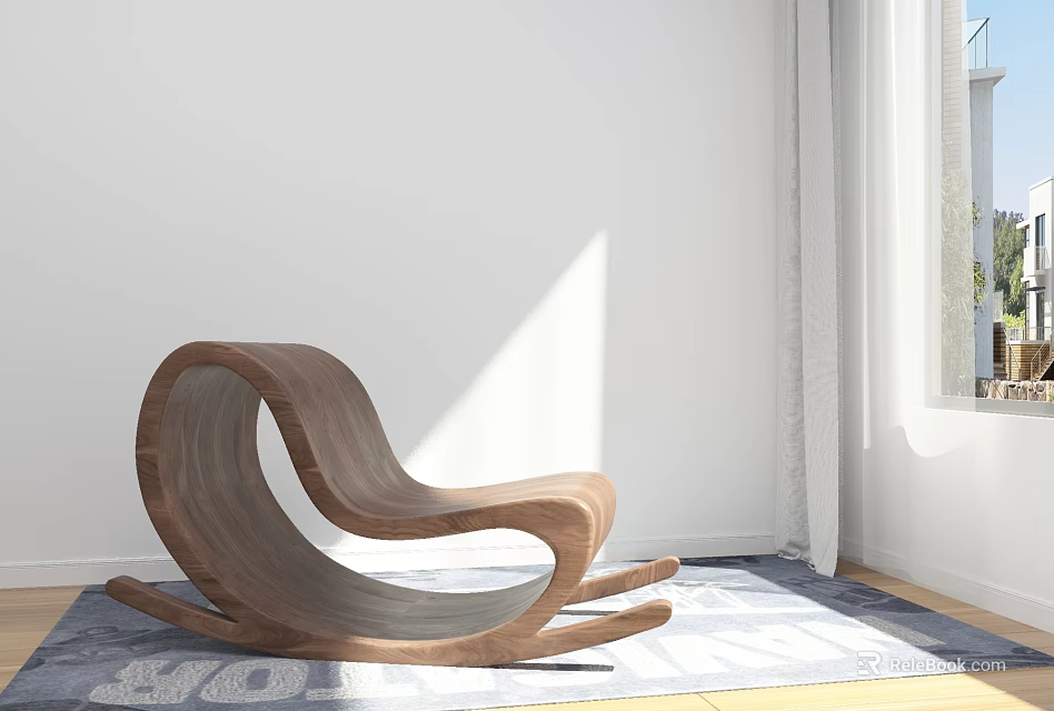 Modern Wooden Rocking Chair Interior With Bright Sunlight Window And White Wall Rug 3d model 