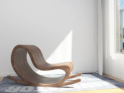 Modern Wooden Rocking Chair Interior With Bright Sunlight Window And White Wall Rug 3d model