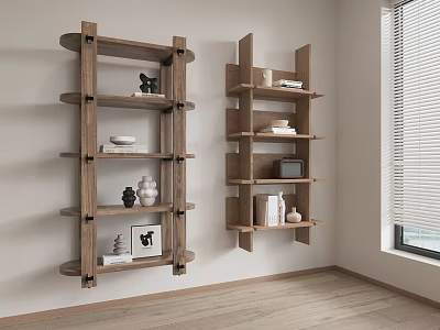 Modern Interior With Wall Mounted Wooden Shelves Displaying Decorative Items And Books 3d model