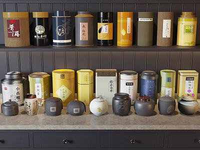 Assorted Ceramic Vessels with Traditional Labels on Display Shelves in Diverse Colors 3d model