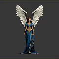 Elegant Woman With Large White Wings Wearing Blue Long Dress Standing Gracefully