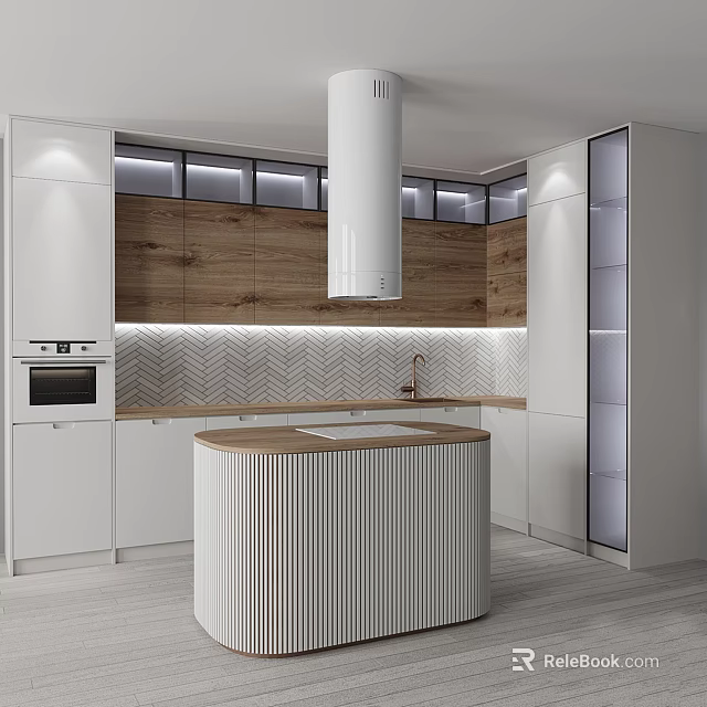 Modern Kitchen Interior With White Cabinets Round Island Herringbone Tile Backsplash Wooden Cabinets And Oven 3d model 