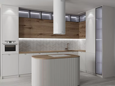 Modern Kitchen Interior With White Cabinets Round Island Herringbone Tile Backsplash Wooden Cabinets And Oven 3d model