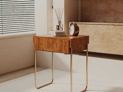 Modern Wooden Side Table With Brass Legs Books Diffuser Clock And Window Blinds 3d model