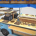 Blue Mobile Food Cart With Blue Canopy And Food Display Shelves For Hungry Customers