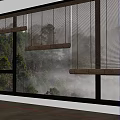 Contemporary Wooden Blinds On Window With Natural Trees Mist And Wooden Floor Room