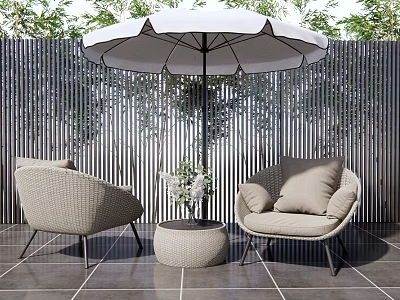 Outdoor Rattan Sofa Set With Beige Cushions White Umbrella Green Plants And Fence 3d model