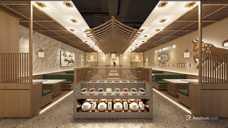 Traditional Hotpot Restaurant Interior With Wooden Beams Stone Walls And Condiment Station 3d model 