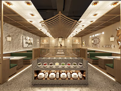 Traditional Hotpot Restaurant Interior With Wooden Beams Stone Walls And Condiment Station 3d model