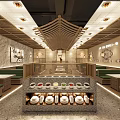 Traditional Hotpot Restaurant Interior With Wooden Beams Stone Walls And Condiment Station