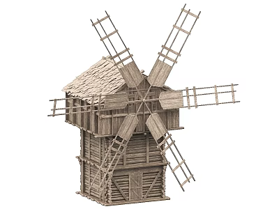 Rustic Wooden Windmill House With Wooden Blades And Tiled Roof Structure 3d model