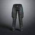 Dark Denim Utility Trousers With Multiple Pockets And Decorative Straps 3d model