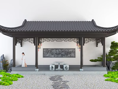 Traditional Chinese Pavilion Courtyard With Carved Roof Lanterns Stone Path And Greenery 3d model