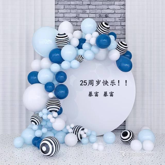 Elegant 25th Birthday Balloon Arch Decoration With Blue White Striped Balloons And Round Sign 3d model 