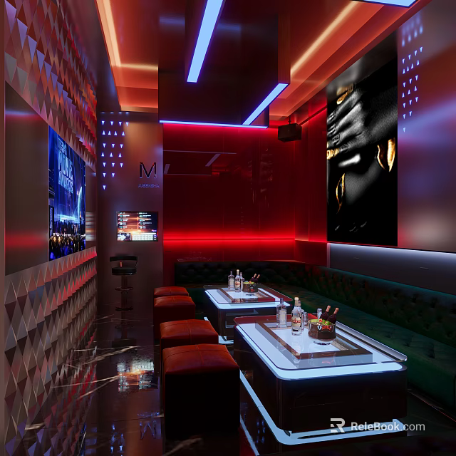 Modern KTV Lounge Interior With Neon Lights Sofas And Seating Area 3d model