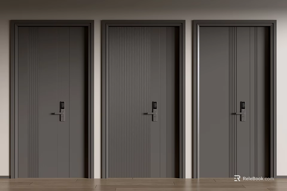 Three Dark Gray Modern Doors With Vertical Stripe Design And Metal Handles 3d model 