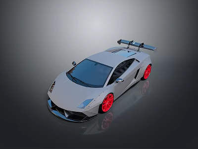 Sleek White Sports Car With Red Rims And Rear Spoiler On Dark Surface 3d model