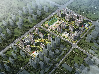 Aerial View Planning of Modern Residential Complex with Green Spaces and Roads 3d model