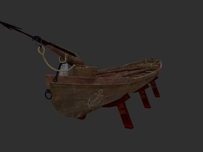 Vintage Handcrafted Wooden Boat With Rope Details On Red Stand 3d model