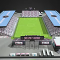 Modern Football Stadium With Blue Roof Seating Stands And Green Football Pitch