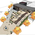 Museum Building With Wooden Structure Large Wheel Decorations And Pedestrians In Evening Sky