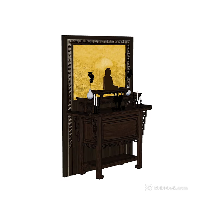 Traditional Wooden Carved Buddhist Shrine Cabinet with Buddha Statue Vases Incense Burners 3d model 