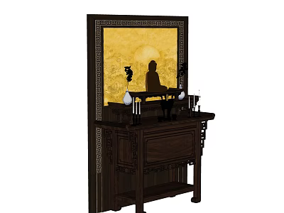 Traditional Wooden Carved Buddhist Shrine Cabinet with Buddha Statue Vases Incense Burners 3d model