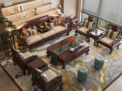 Traditional Chinese Sofa And Coffee Table Set With Wooden Frame Decorative Pillows And Area Rug 3d model
