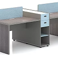 Modern Office Desk With Blue Dividers And Storage Drawers For Two Workstations