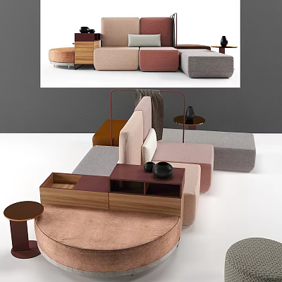 Modern Sofa Coffee Table Set With Modular Design Neutral Tones Wooden Frame And Soft Upholstery 3d model