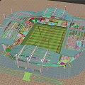 Modern Football Stadium 3D Model With Green Lawn Blue Stands And White Roof Structures