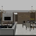 Modern Living and Dining Room Interior With Chandelier Sofa Mountain Painting And Area Rug