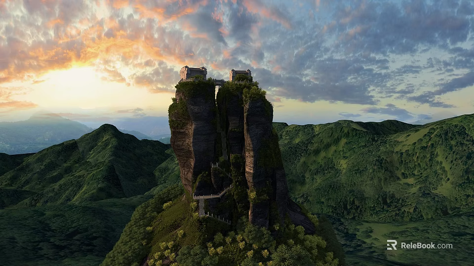 Scenic Mountain Cliff With Ancient Buildings And Sunset Sky Over Green Hills 3d model 