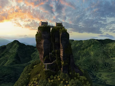 Scenic Mountain Cliff With Ancient Buildings And Sunset Sky Over Green Hills 3d model