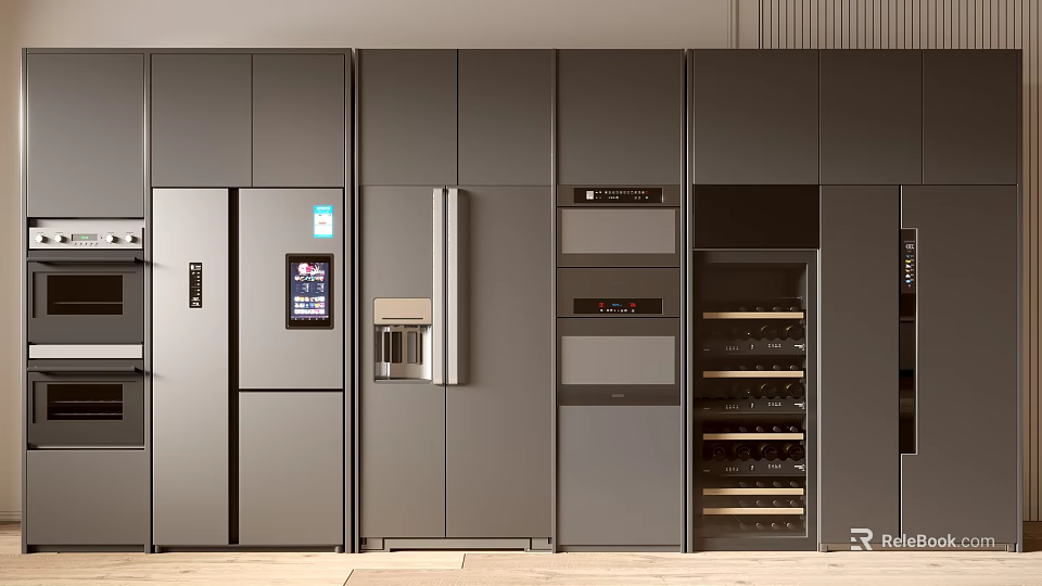 Built In Refrigerator Freezer In Modern Kitchen Interior With Cabinetry Appliances 3d model 