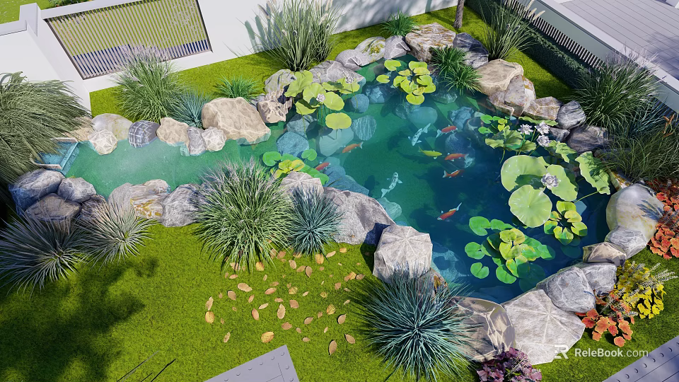 Natural Garden Water Fountain With Rocks Green Plants Water Lilies And Fish 3d model 