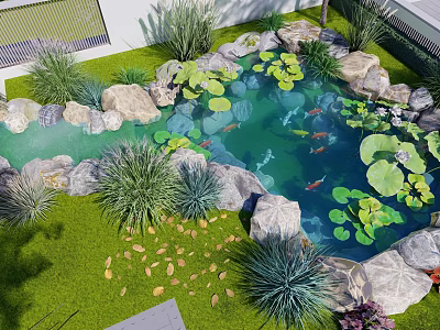 Natural Garden Water Fountain With Rocks Green Plants Water Lilies And Fish 3d model
