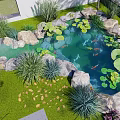 Natural Garden Water Fountain With Rocks Green Plants Water Lilies And Fish