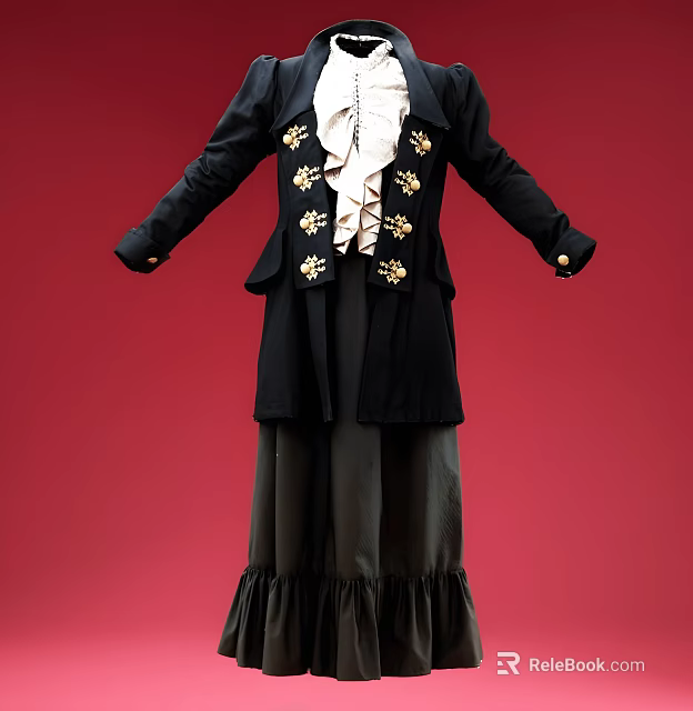 Antique Black Coat With Golden Decorations White Ruffled Inner And Dark Skirt 3d model 