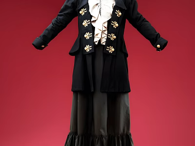 Antique Black Coat With Golden Decorations White Ruffled Inner And Dark Skirt 3d model