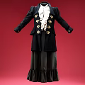 Antique Black Coat With Golden Decorations White Ruffled Inner And Dark Skirt